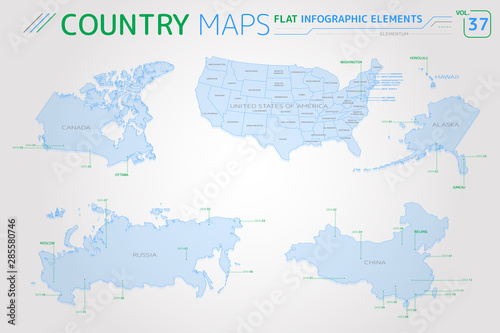 Canada, Russia, China and United States of America Vector Maps