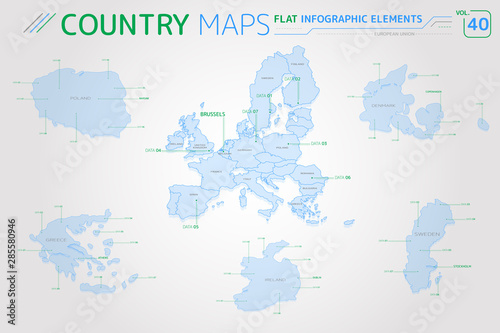 European Union, Poland, Sweden, Greece, Ireland and Denmark Vector Maps