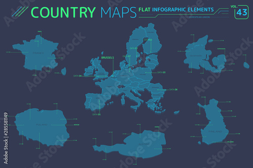 European Union, France, Denmark, Finland, Poland and Austria Vector Maps
