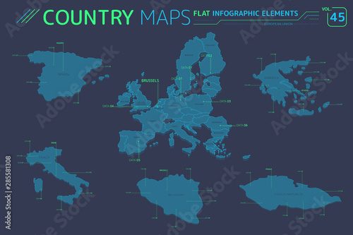 European Union, Italy, Greece, Czech Republic, Belgium and Spain Vector Maps