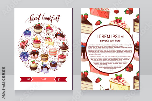 Card collection pastries and cake. Posters of bakery sweet shop or coffee house. Vector.