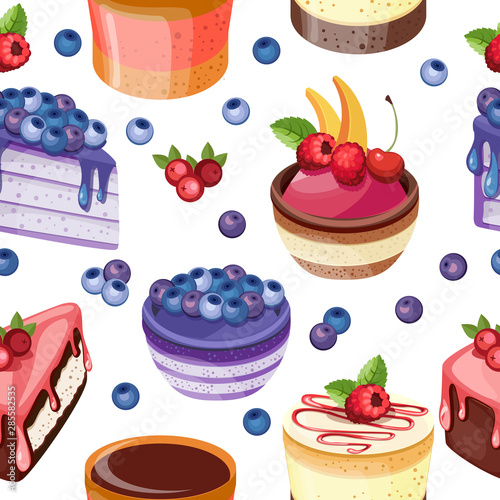 Cakes slices seamless background. Seamless pattern with pies. Vector illustration, seamless pattern.