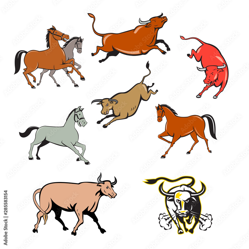 Set or collection of cartoon character mascot style illustration of farm animals such as horse, cow, bull, cattle, texas longhorn bull charging on isolated white background.