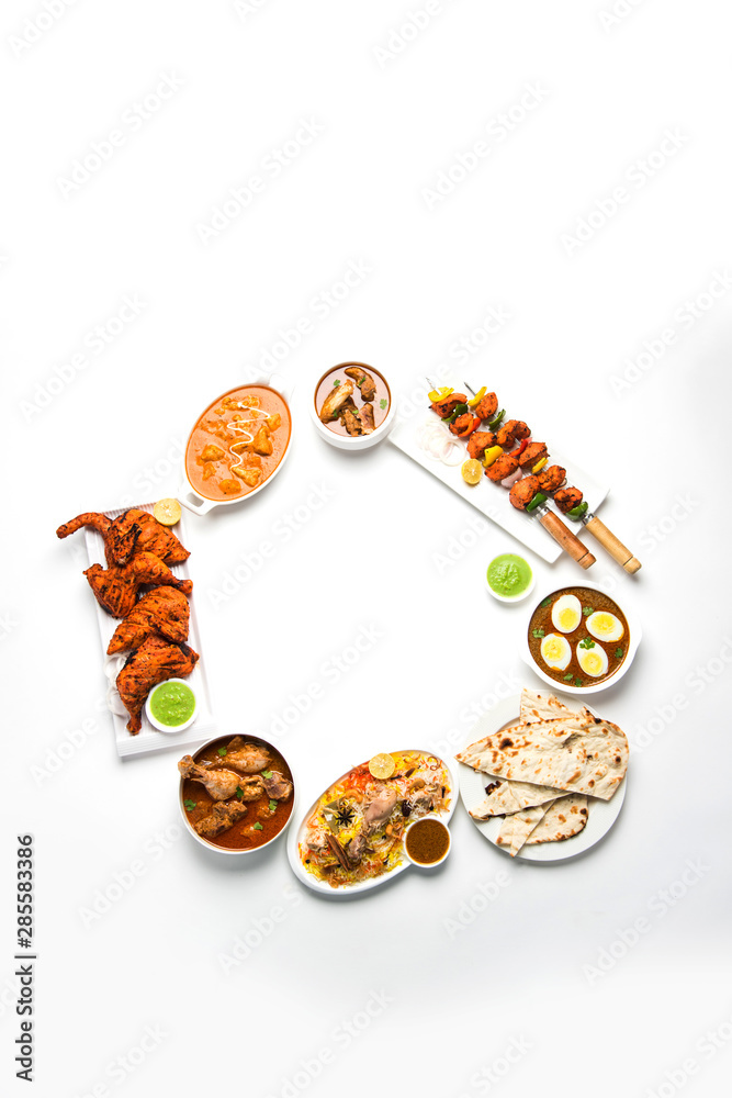 Assorted Indian Non Vegetarian food recipe served in a group. Includes
