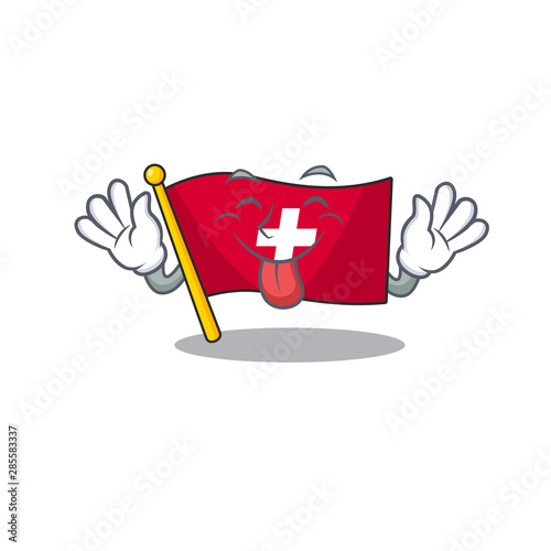 Tongue out switzerland flag sticks to cartoon wall