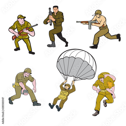 Set or collection of cartoon character mascot style illustration of World War Two American army soldier on isolated white background.