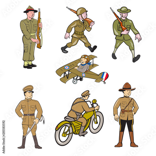 Set or collection of cartoon character mascot style illustration of World War One military soldier like the British , American, French and Japanese army on isolated white background.