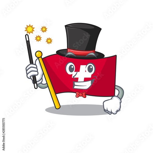 Magician switzerland flag sticks to cartoon wall
