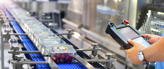 Manager check and control automation Food products boxs transfer on Automated conveyor systems in factory