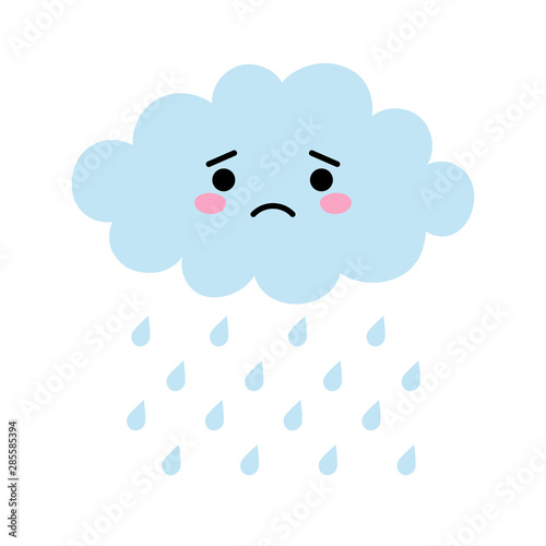 Cute cartoon kawaii blue cloud with rain drops with sad face emotion. Weeping cloud vector illustration