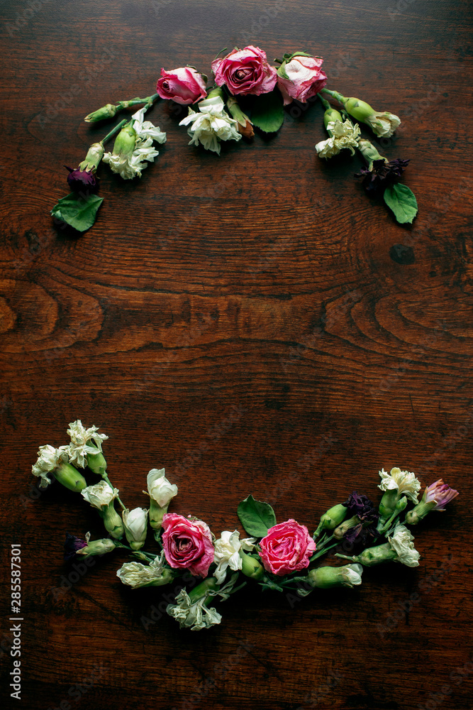 Flowers Composition on a wood table, Greeting card, Rose and carnation composition, Close up shot, Flat lay, top view, copy space. Flowers Composition on a wood table, Greeting card, Rose and carnation composition, Close up shot, Flat lay, top view, copy space.