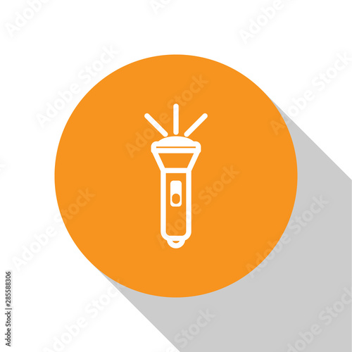 White Flashlight icon isolated on white background. Orange circle button. Vector Illustration