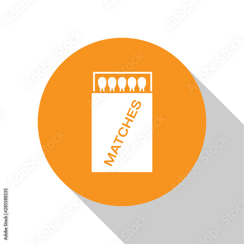 White Open matchbox and matches icon isolated on white background. Orange circle button. Vector Illustration