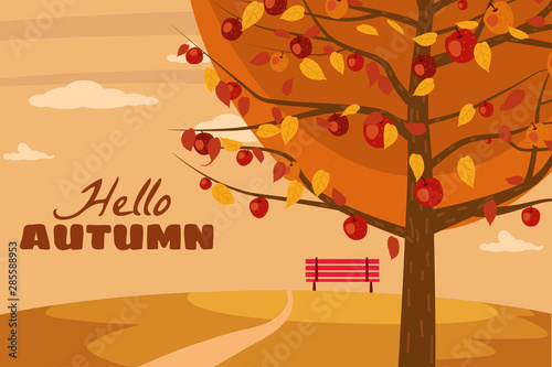 Hello Autumn apple tree landscape fruit harvest season in trend style flat cartoon panorama horizon