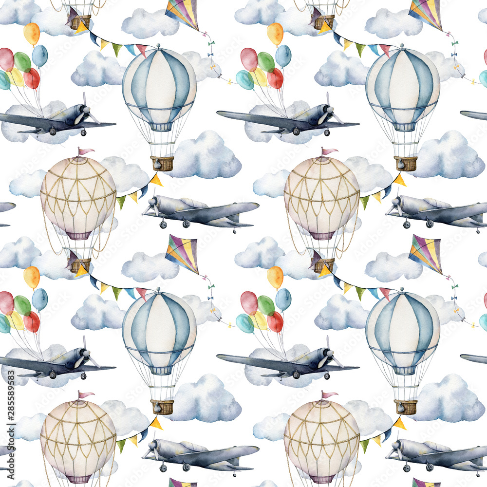 Watercolor seamless pattern with clouds and hot air balloons. Hand painted  sky illustration with aerostates, planes and garlands isolated on white  background. For design, prints, fabric or background. Stock Illustration |  Adobe