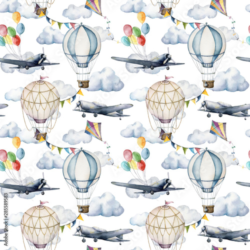 Tapety Transport  watercolor-seamless-pattern-with-clouds-and-hot-air-balloons-hand-painted-sky-illustration-with-aerostates-planes-and-garlands-isolated-on-white-background-for-design-prints-fabric-or-background