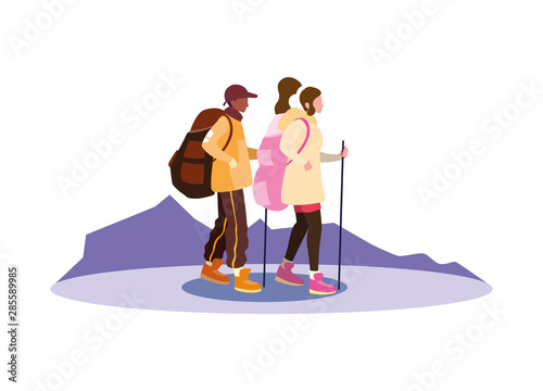 young couple backpacker in mountain landscape