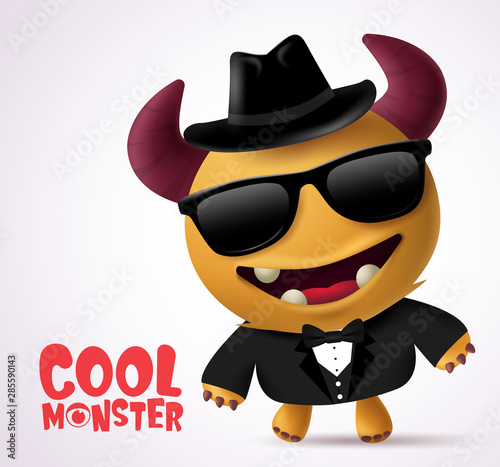 Cool monster escort vector character design. Cool Monster character creature with funny pose wearing  black coat, necktie, glasses and hat in white background. Vector Illustration.