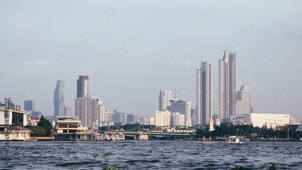 January 2019,Bangkok Thailand river of Bangkok and skyscrapper highrise building cityscape riverscape