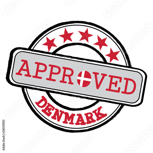 Vector Stamp of Approved logo with Denmark Flag in the shape of O and text Denmark. photo
