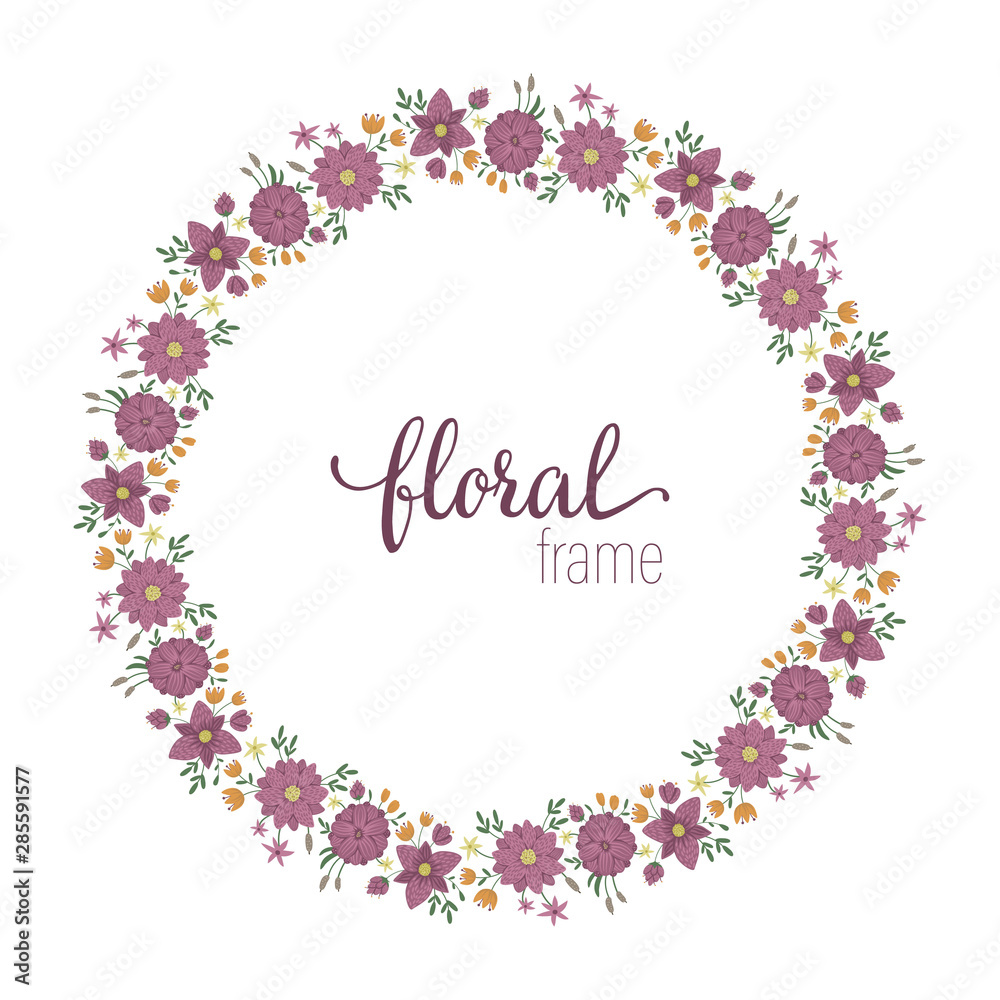 Vector frame template with flat trendy wild flowers with reeds on white background. Square layout card with place for text. Floral design for invitation, wedding, party, promo events.. Vector frame template with flat trendy wild flowers with reeds on white background. Square layout card with place for text. Floral design for invitation, wedding, party, promo events..