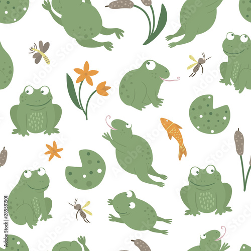 Vector seamless pattern of cartoon style flat funny frogs in different poses with waterlily, dragonfly, mosquito, reed, heron clip art. Cute repeat background with woodland swamp animals..