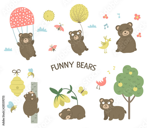 Vector set of cartoon style hand drawn flat bears in different poses. Collection of funny scenes with Teddy. Cute illustration of woodland animals for children’s design. .