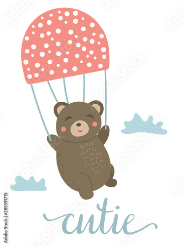 Vector cartoon style hand drawn flat bear flying on mushroom like parachute among the clouds. Funny scene with Teddy. Cute illustration of woodland animal for children’s design, print, stationery.
