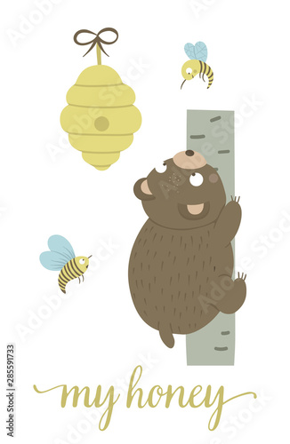 Vector cartoon style hand drawn flat bear climbing the tree for beehive surrounded by bees. Funny scene with Teddy wanting to get some honey. Cute illustration of woodland animal.