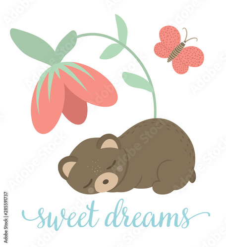Vector cartoon style hand drawn flat bear sleeping under the flower with butterfly. Funny scene with a Teddy. Cute illustration of woodland animal for children’s design, print, stationery.