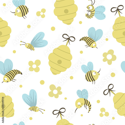Vector hand drawn flat seamless pattern with beehive, bees, flowers. Cute funny childish repeating background on honey production theme. Cute insect ornament for children’s design..