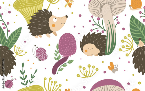 Vector seamless pattern of cartoon style hand drawn flat hedgehogs in different poses. Repeat background of funny autumn scenes with prickly animal. Cute woodland animalistic illustration.