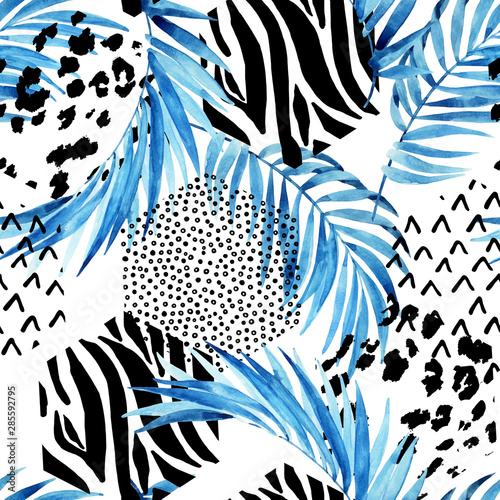 Blue watercolor tropical leaves and ornated triangles background. Unusual wat...