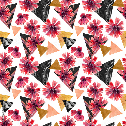 Autumn watercolor flowers and marbled triangles seamless pattern