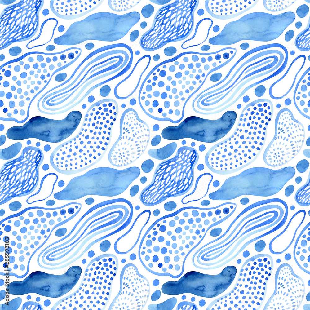 Aqua blue abstract seamless pattern. Watercolor fluid shapes background