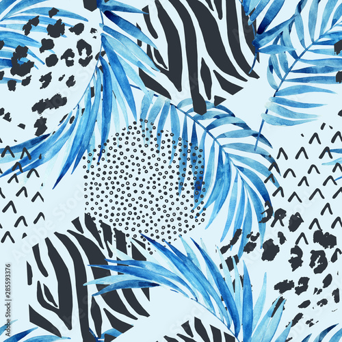 Blue watercolor tropical leaves and ornated triangles background. Unusual wat...
