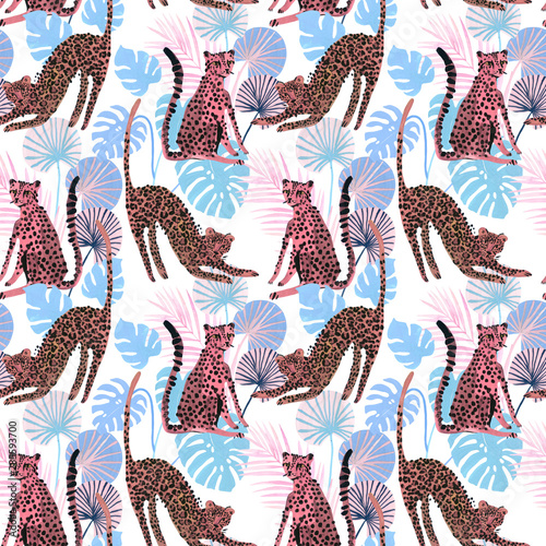Modern trendy seamless pattern with cute watercolor leopards and tropical lea...