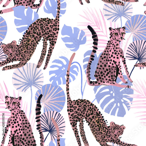 Modern trendy seamless pattern with cute watercolor leopards and tropical leaves