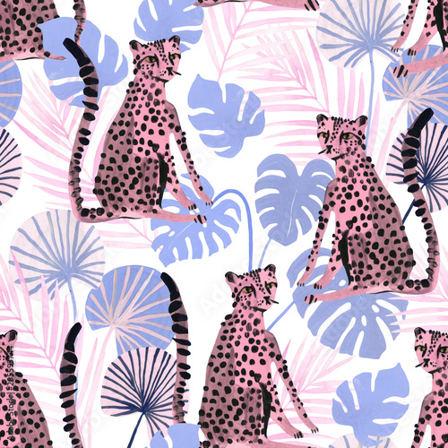 Modern trendy seamless pattern with cute watercolor leopards and tropical lea...