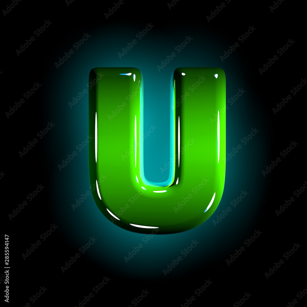 Green letter U of polished plastic alphabet of white and yellow colors isolated on black color - 3D illustration of symbols Green letter U of polished plastic alphabet of white and yellow colors isolated on black color - 3D illustration of symbols