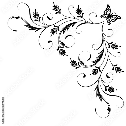 Decorative floral corner ornament with butterfly