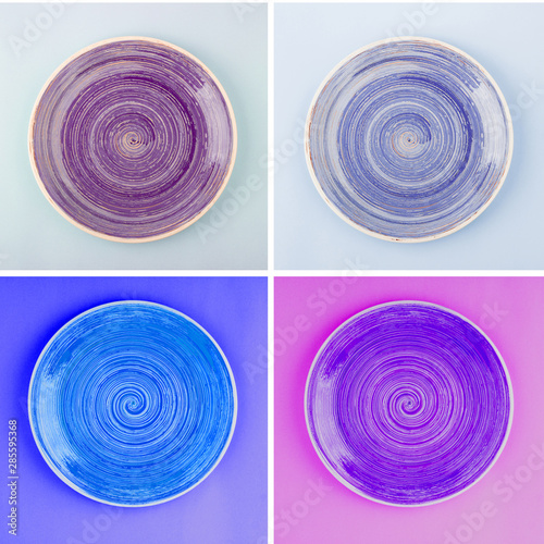 Collage from different colored round ceramic plates with spiral pattern