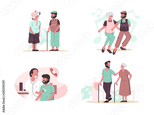 Happy Elderly Couple, Senior Health Checkup, Elder with Caregiver or Nurse Illustration Concept. Modern design concept.Vector illustration EPS 10