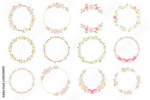 pink pastel daisy spring wreath doodle flat style collection