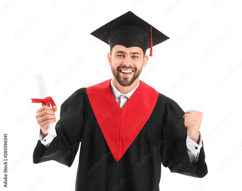 Happy male student in bachelor robe on white background Happy male student in bachelor robe on white background