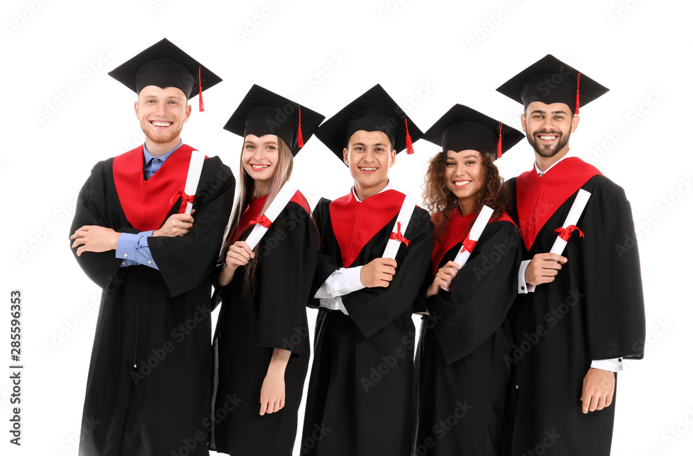 Young students in bachelor robes on white background Young students in bachelor robes on white background