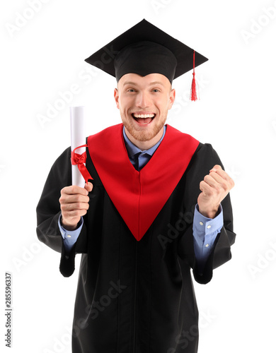 Happy male student in bache...