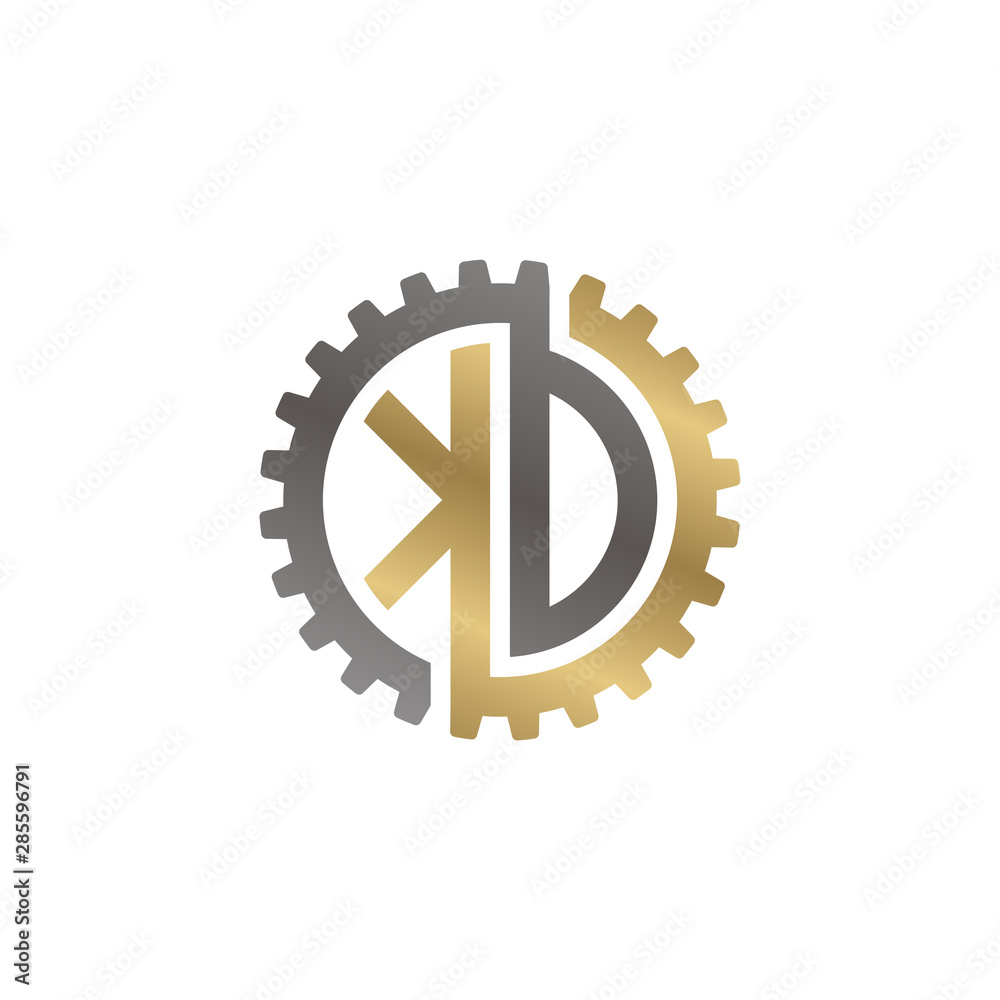 Initial letter K and D, K and O, KD, KO, interlock cogwheel gear logo, black gold on white background