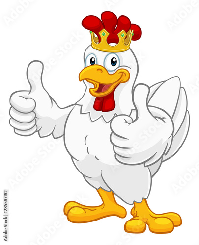 A chicken rooster cockerel bird cartoon character in a kings gold crown giving a double thumbs up