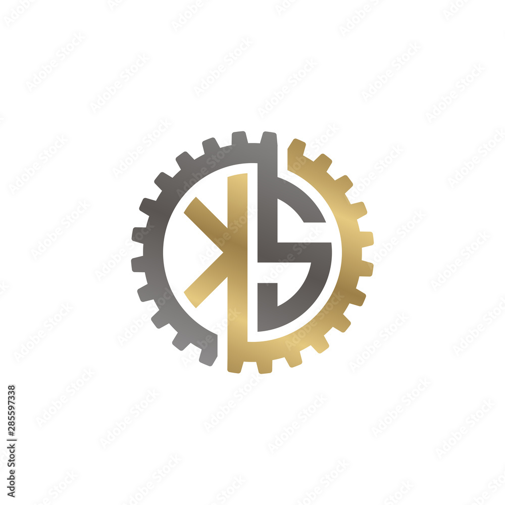 Initial letter K and S, KS, interlock cogwheel gear logo, black gold on white background Initial letter K and S, KS, interlock cogwheel gear logo, black gold on white background